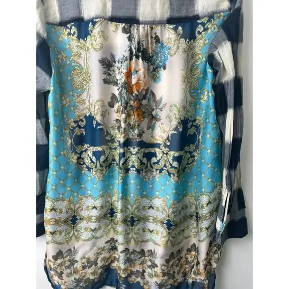 Soft Surroundings Size M Mixed Media Plaid Embroidered Floral Tunic Top LS D4 - Picture 4 of 7